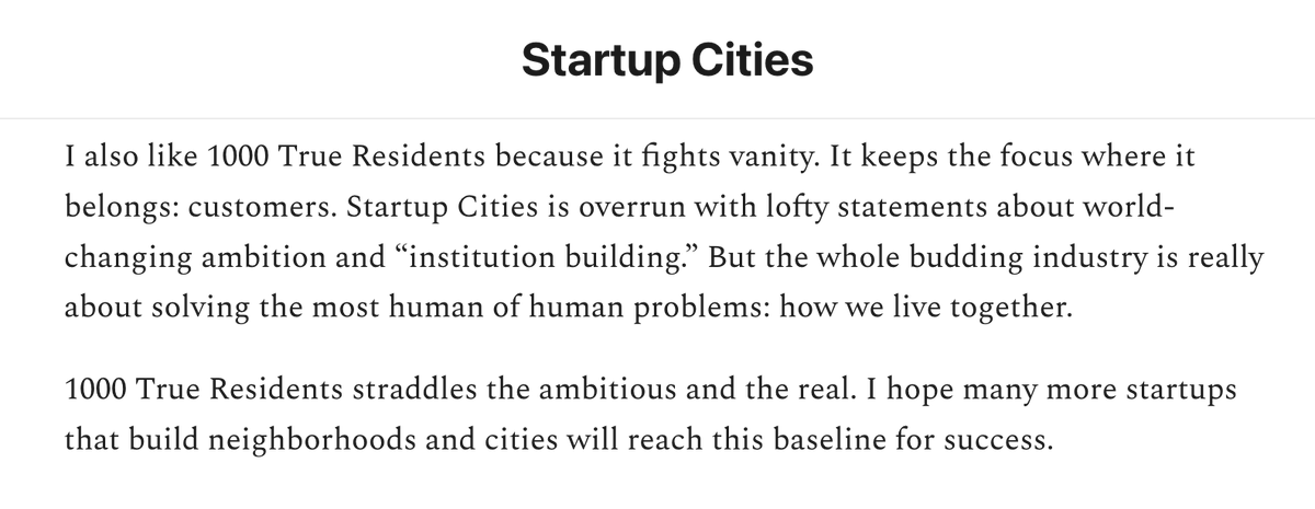 "But the whole budding industry [Startup Cities] is really about solving the most human of human problems: how we live together." 
 - @zachcaceres in 1000 True Residents

<a style='color: rgb(29,161,242); font-weight:normal; text-decoration: none' href='https://www.startupcities.com/p/1000-true-residents' target='_blank'>startupcities.com/p/1000-true-re…</a> 
