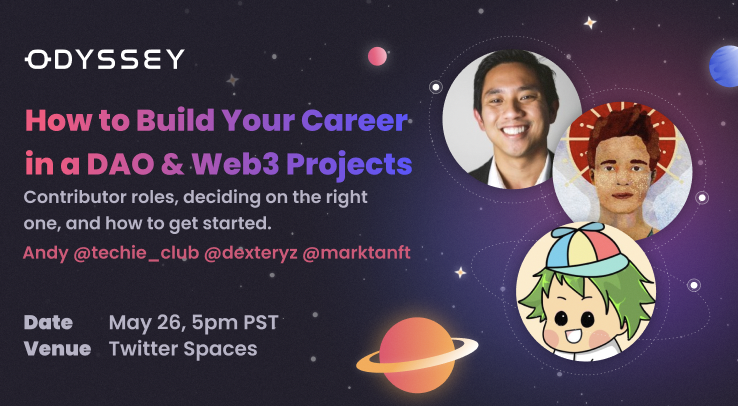 How do you find web3 career opportunities in DAOs? 

We'll give you tips on navigating projects, evaluating different roles, and choosing the right one. 

🗓️Date: May 26, 5pm PST
👉RSVP: 
🗣️Panel: @techie_club @dexteryz @marktanft 