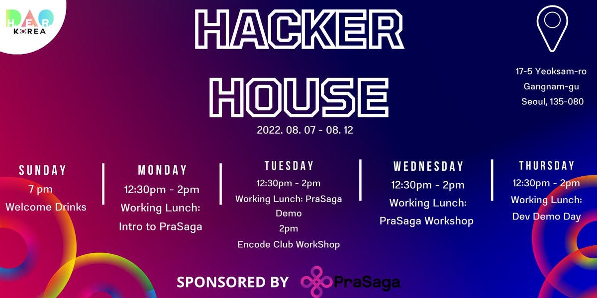 We have an amazing week coming up at our Hacker House with @PrasagaOfficial!  😍🔥

✨Sign up:

Hacker House
<a style='color: rgb(29,161,242); font-weight:normal; text-decoration: none' href='https://bit.ly/3OV5uZo' target='_blank'>bit.ly/3OV5uZo</a>

<a style='color: rgb(29,161,242); font-weight:normal; text-decoration: none' href='https://lu.ma/H.E.R.DAOKoreaWelcomeDrinks' target='_blank'>lu.ma/H.E.R.DAOKorea…</a>

<a style='color: rgb(29,161,242); font-weight:normal; text-decoration: none' href='https://lu.ma/WorkingLunchesH.E.R.DAO' target='_blank'>lu.ma/WorkingLunches…</a>

<a style='color: rgb(29,161,242); font-weight:normal; text-decoration: none' href='https://lu.ma/H.E.R.DAOEncodeClubWorkshop' target='_blank'>lu.ma/H.E.R.DAOEncod…</a>

#womeninblockchain #WomenWhoCode #womenintech #KBW2022 #womeninweb3 
