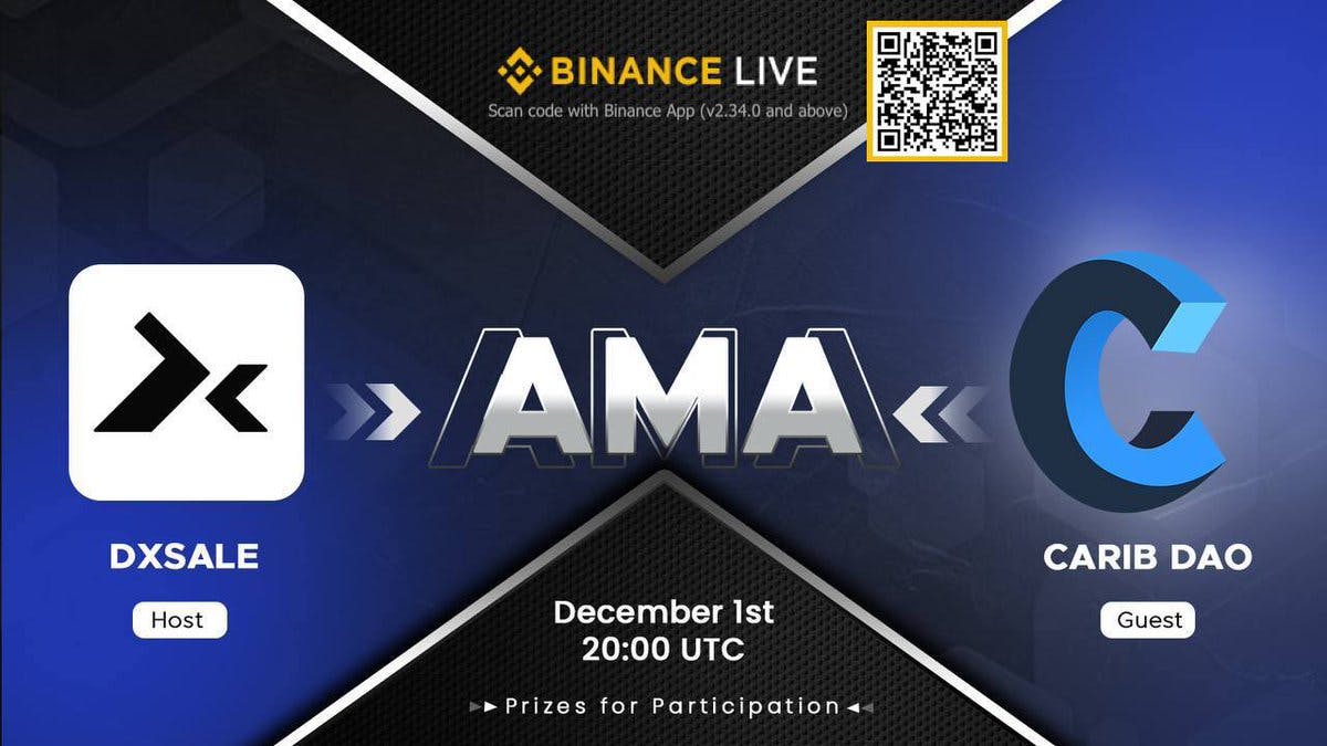 🎗Join us today for our AMA with @DxSale at 3 PM EST (20:00 UTC) on Telegram!

🎁 AMA Giveaway: $100 $BNB

🎙Participate: <a style='color: rgb(29,161,242); font-weight:normal; text-decoration: none' href='http://t.me/dxsalepresales' target='_blank'>t.me/dxsalepresales</a>

🎥 Watch on #BinanceLIVE🔸: <a style='color: rgb(29,161,242); font-weight:normal; text-decoration: none' href='https://www.binance.com/en/live/video?roomId=2115170' target='_blank'>binance.com/en/live/video?…</a>

$CARIB #BNBChain #BSC #DxSale 