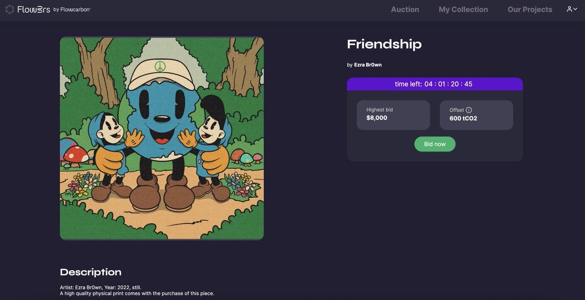 1/ @Ezrabr0wn’s ‘Friendship’ is currently being auctioned off at $8,000 and offsetting 600 tons of carbon!

A bulk of proceeds from the sale are going toward buying and retiring carbon credits from nature-based projects. 